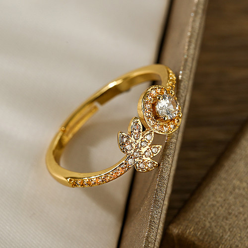 Shiny Geometric Square Copper Plating Inlay Zircon 18K Gold Plated Open Ring