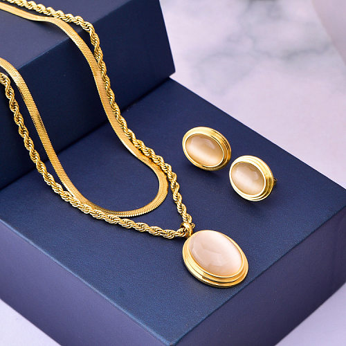 INS Style Round Oval Titanium Steel Inlay Opal Women'S Earrings Necklace