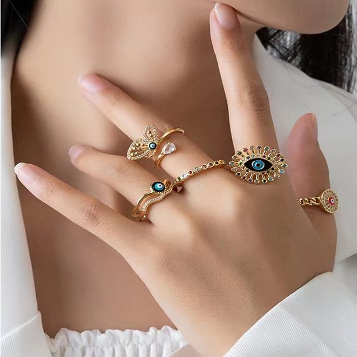 Casual Simple Style Devil'S Eye Copper Plating Inlay Zircon Gold Plated Open Ring