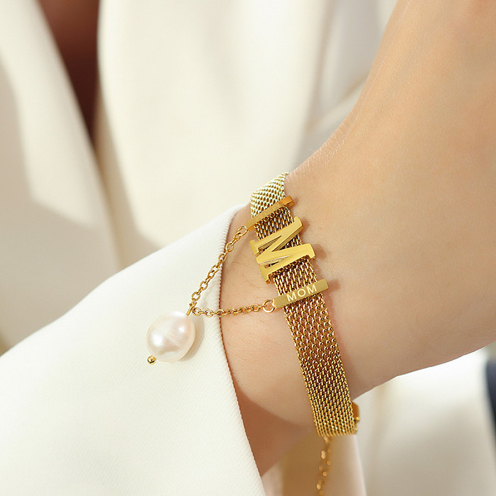 1 Stück französischer Stil Buchstaben-Armband-Halskette aus Titanstahl mit Perlenbeschichtung