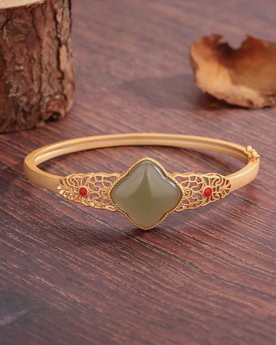 Chinoiserie Classical Geometric Copper Hollow Out Inlay Artificial Gemstones 18K Gold Plated Bangle