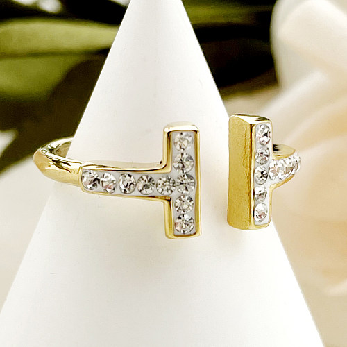 Elegant Shiny Letter Stainless Steel Metal Plating Inlay Zircon Gold Plated Open Ring