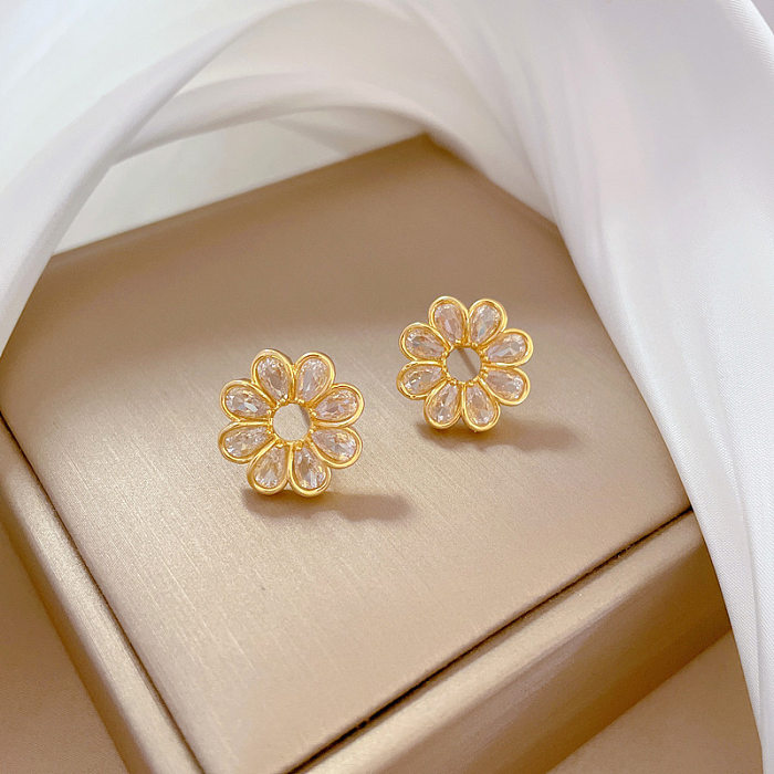 Süße Blume Titanstahl Kupferbeschichtung Inlay Künstliche Edelsteine ​​Vergoldete Ohrringe Halskette