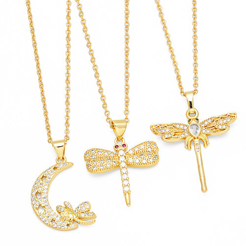 1 Piece Artistic Moon Dragonfly Copper Plating Inlay Zircon 18K Gold Plated Pendant Necklace