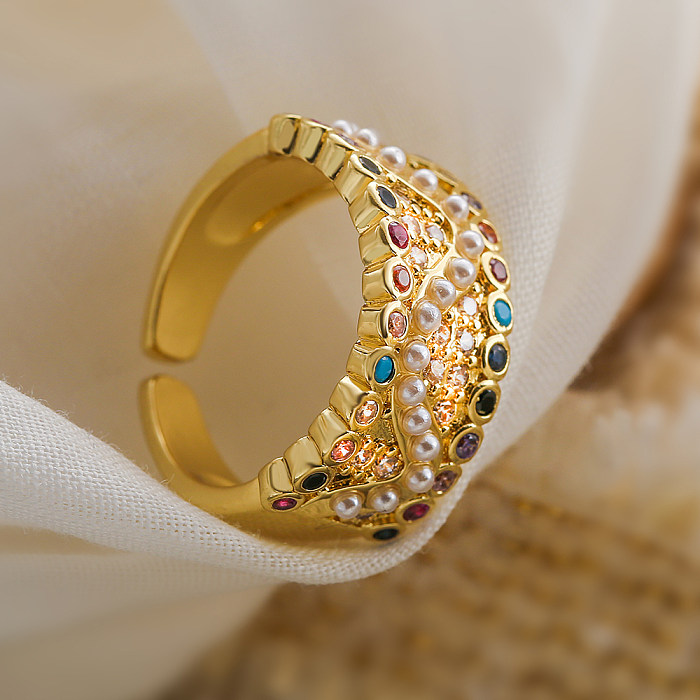 Anillo abierto de circonita perla con incrustaciones de cobre redondo de moda de 1 pieza