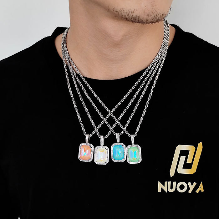 Hip-Hop Square Copper Inlay Zircon Pendant Necklace