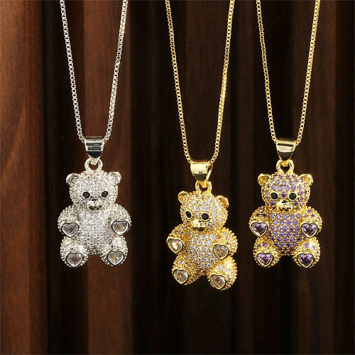 Cute Simple Style Bear Heart Shape Copper Plating Inlay Zircon 18K Gold Plated Pendant Necklace