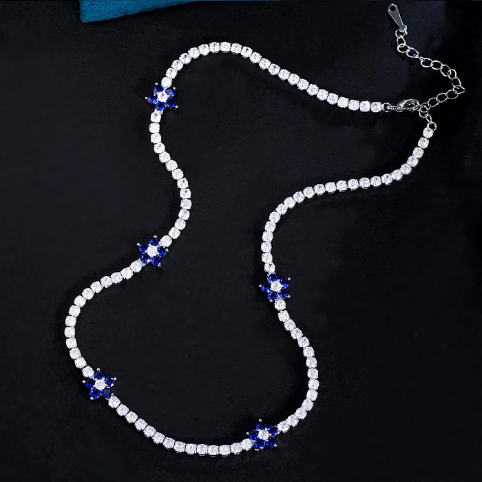 Elegant Flower Copper Plating Inlay Flakes Artificial Gemstones White Gold Plated Rhodium Plated Necklace