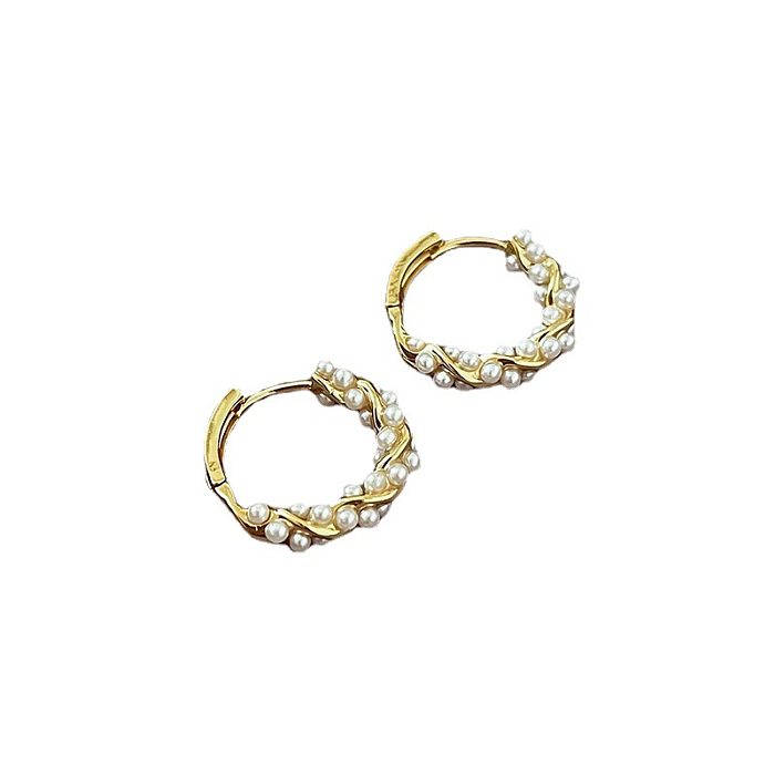 Simple Style Round Copper Inlay Artificial Pearls Hoop Earrings 1 Pair