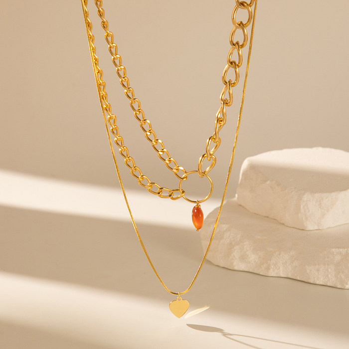 Cute Sweet Simple Style Heart Shape Natural Stone Copper Layered Plating Layered Necklaces