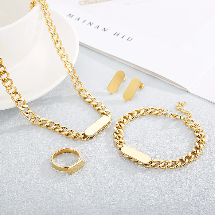 Europäische und amerikanische neue Mode Edelstahl kubanische Gliederkette Gold Quadrat Marke Halskette Ohrringe vierteiliges Set weibliche Accessoires Großhandel