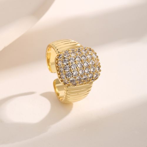 Shiny Square Copper Plating Inlay Zircon 18K Gold Plated Open Rings