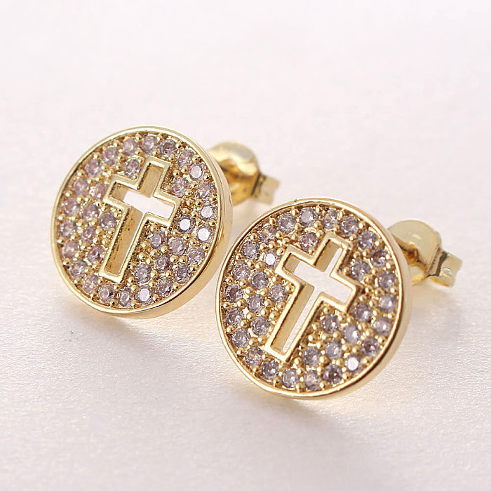 IG Style Simple Style Cross Round Copper Plating Inlay Zircon Gold Plated Earrings Necklace