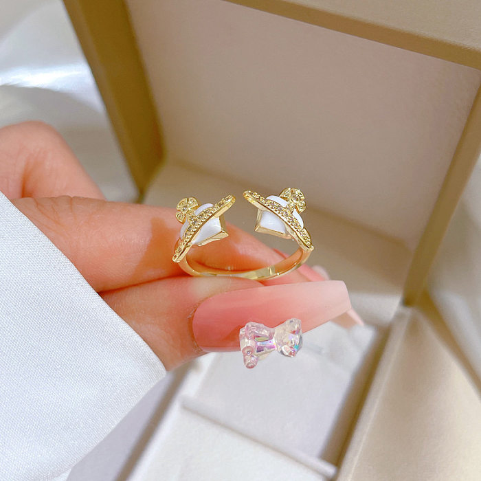 Fashion Heart Shape Brass Enamel Zircon Open Ring