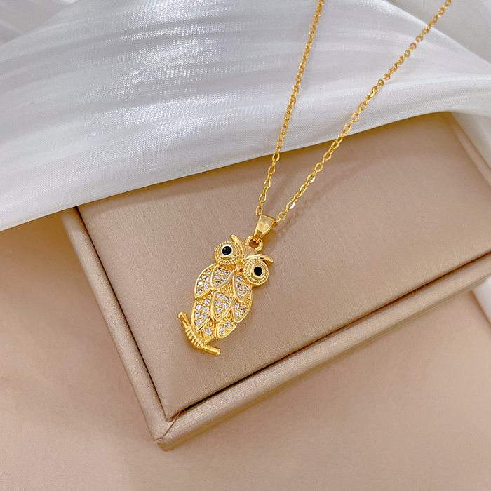 Classic Style Commute Owl Titanium Steel Copper Plating Inlay Artificial Gemstones Gold Plated Pendant Necklace