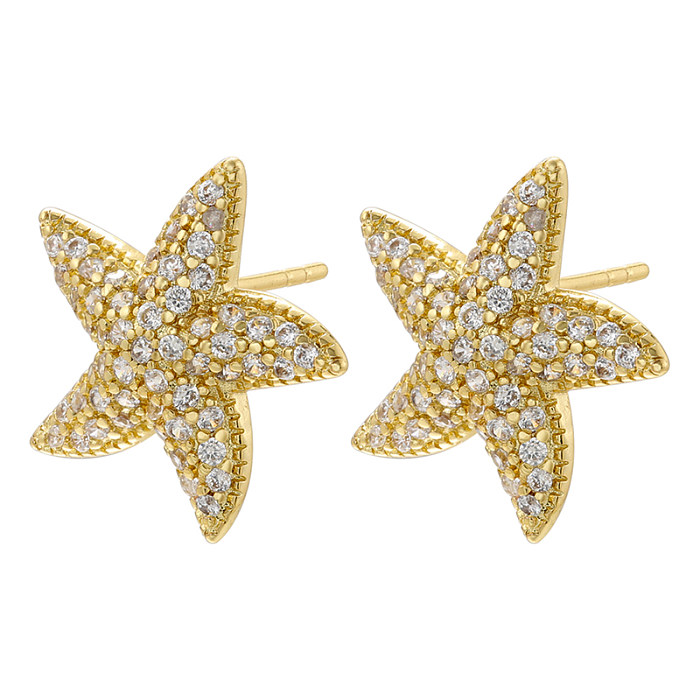 1 Pair Elegant Pentagram Starfish Plating Inlay Copper Zircon 18K Gold Plated Ear Studs