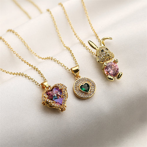 Fashion Rabbit Heart Shape Copper Enamel Inlay Zircon Pendant Necklace 1 Piece