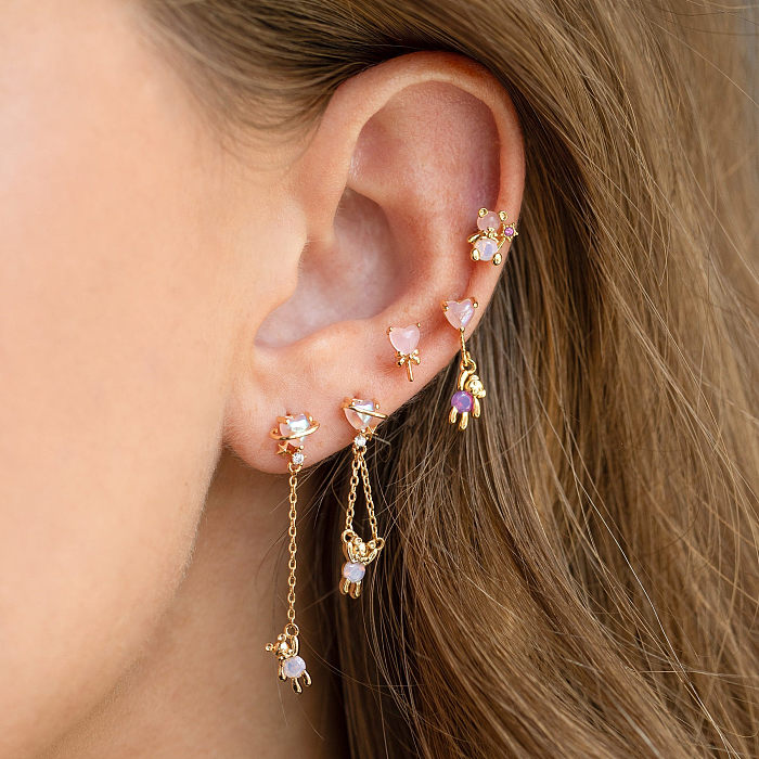 Sweet Bear Heart Shape Brass Drop Earrings Earrings Ear Studs Plating Zircon Copper Earrings