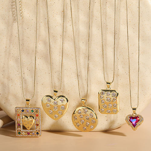 Collier Long avec pendentif en forme de cœur, Style classique décontracté, rectangulaire en cuivre, placage irrégulier, incrustation de Zircon plaqué or 14 carats