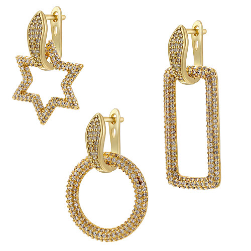 1 Pair Elegant Luxurious Shiny Pentagram Round Rectangle Brass Inlay Zircon Earrings