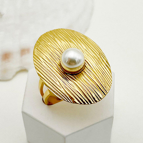 Wholesale Elegant Vintage Style Oval Stainless Steel Plating Inlay Gold Plated Pearl Open Rings