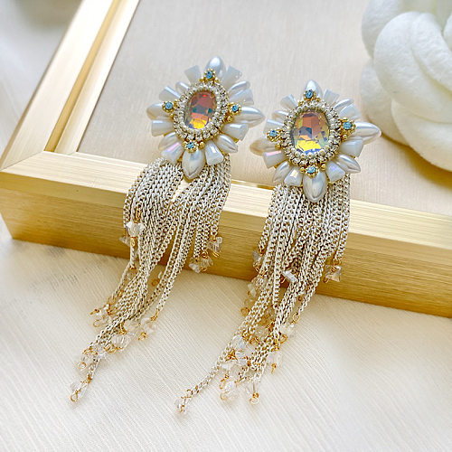 1 Paar glamouröse Retro-Quasten-Blumen-Inlay-Imitat-Perlen-Kupfer-künstliche Kristall-Tropfenohrringe