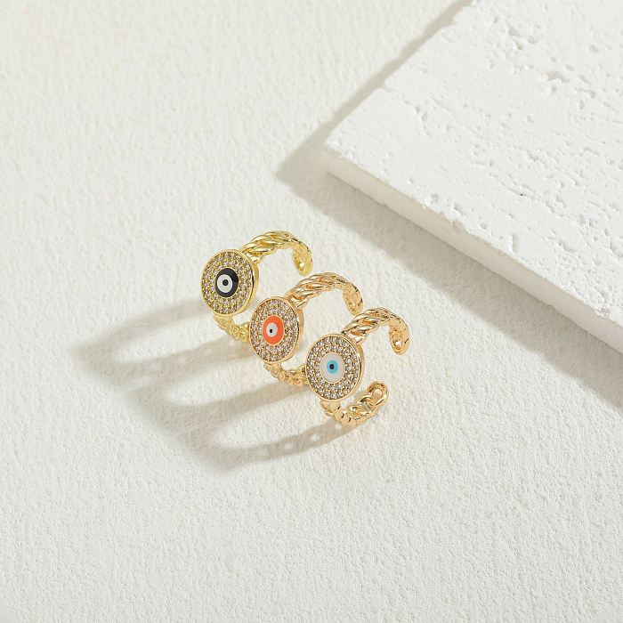 Casual Classic Style Round Devil'S Eye Copper Enamel Plating Inlay Zircon 14K Gold Plated Open Rings
