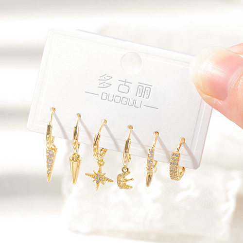 Fashion Star Crown Copper Drop Earrings Earrings Asymmetrical Inlay Zircon Copper Earrings 3 Pairs