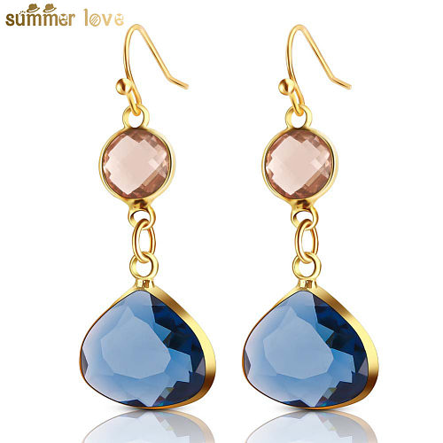 1 Pair Elegant Basic Water Droplets Copper Inlay Gem Crystal Drop Earrings