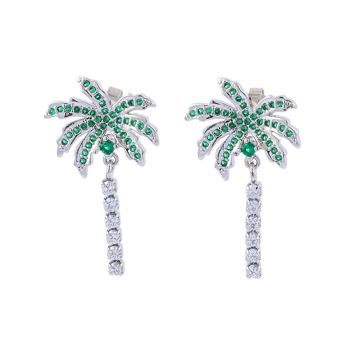 1 paire de clous d'oreilles rétro en cocotier Tropical, incrustation de cuivre et de Zircon plaqué or 18 carats