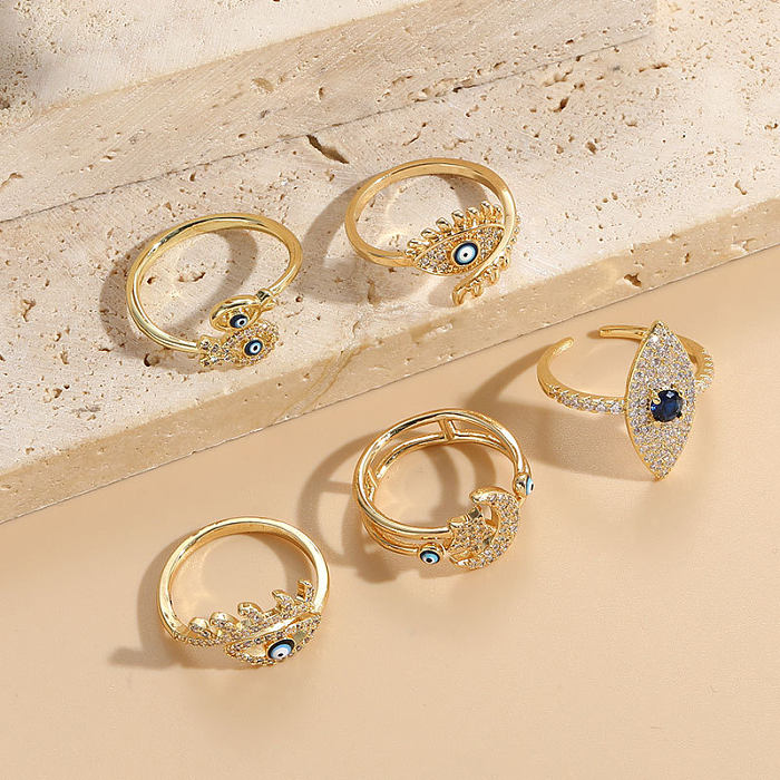 Offene Ringe im modernen Stil mit Teufelsauge, Kupfer-Emaille-Beschichtung, Zirkoneinlage, 14 Karat vergoldet