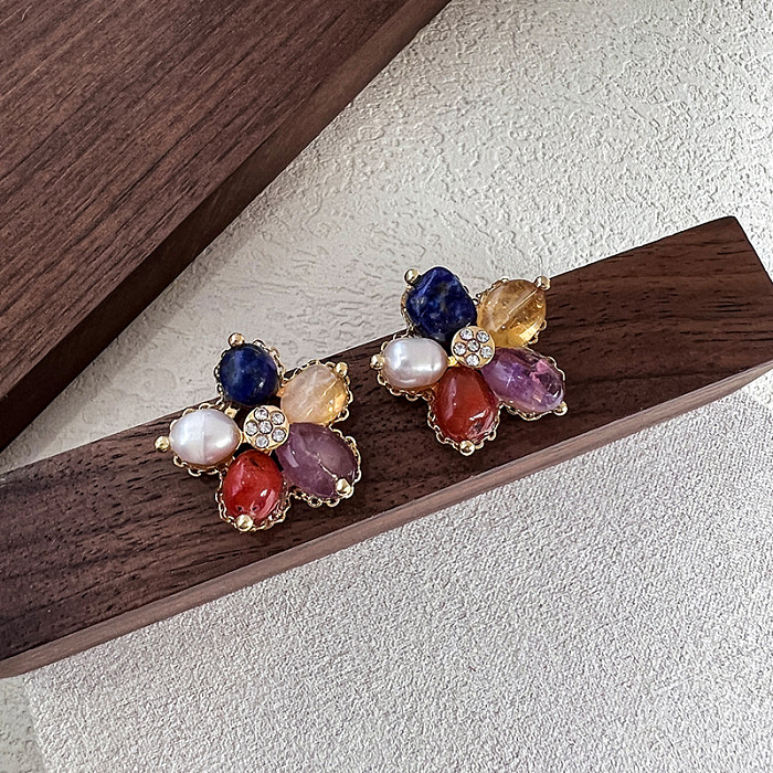 1 Pair Retro Flower Plating Inlay Copper Zircon 18K Gold Plated Ear Studs