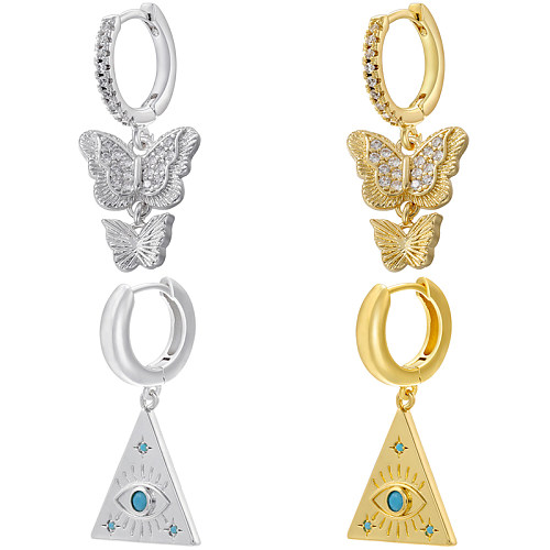 1 paire de boucles d'oreilles en forme de Triangle, œil du diable, Style IG Simple, incrustation de papillon en cuivre et Zircon plaqué or 18 carats