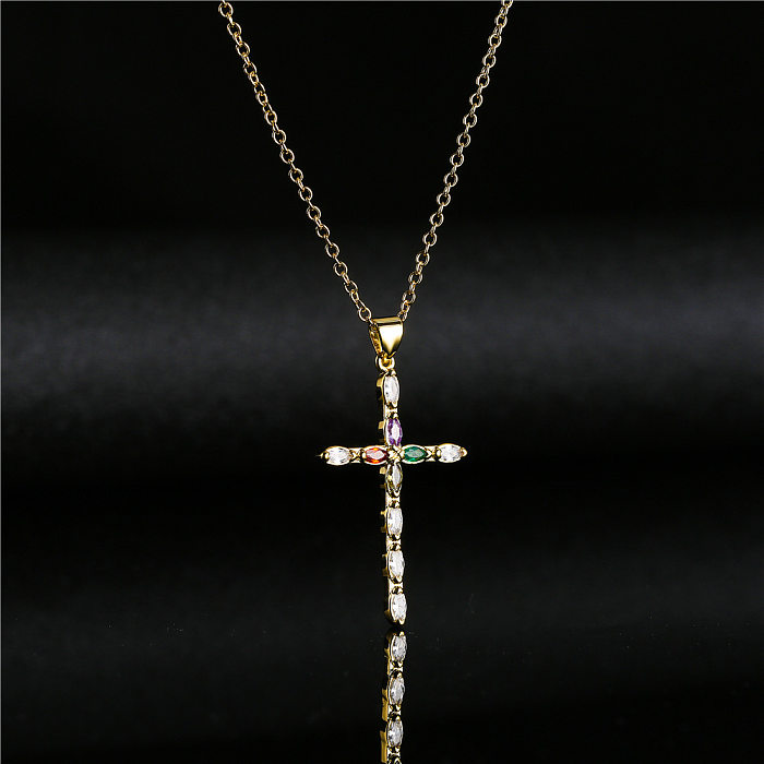Retro Copper Plated Real Gold Color Zirconium Cross Pendant Necklace Female Religious Jewelry