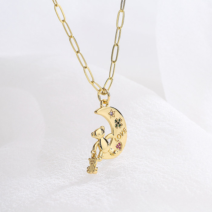 Fashion Cute Bear Moon Pendant Plating 18K Gold Micro Inlaid Zircon Copper Necklace