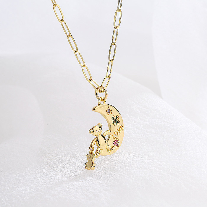 Collar de cobre con microincrustaciones de oro de 18 quilates con colgante de luna de oso lindo a la moda