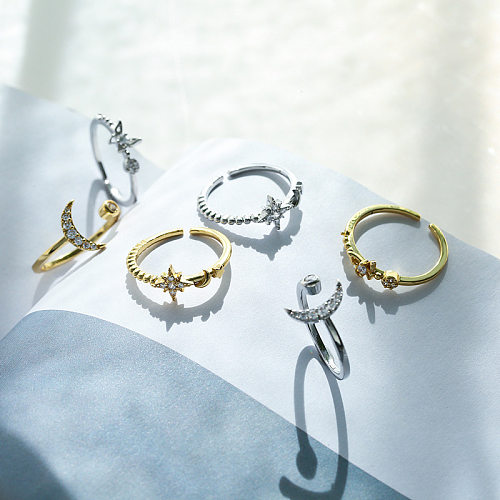 Anel micro-incrustado de zircão estrela lua borboleta abertura alça ajustável anel de joias da moda