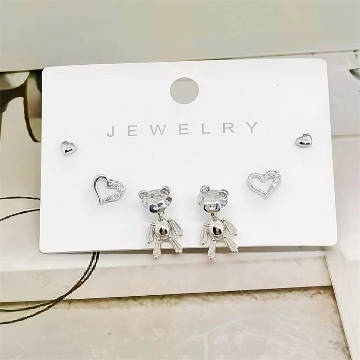 Basic Simple Style Bear Heart Shape Copper Plating Inlay Zircon Gold Plated Earrings