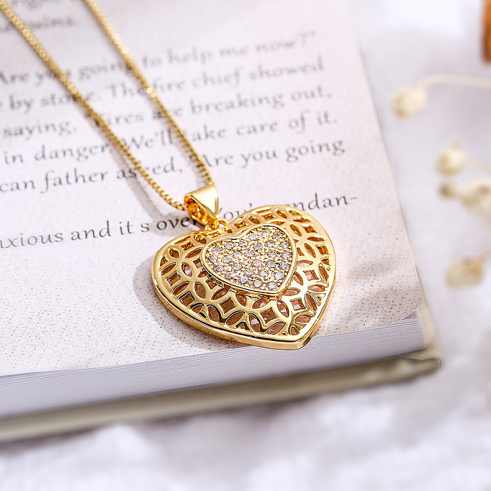 Simple Style Commute Heart Shape Copper Plating Hollow Out Inlay Zircon 18K Gold Plated Pendant Necklace