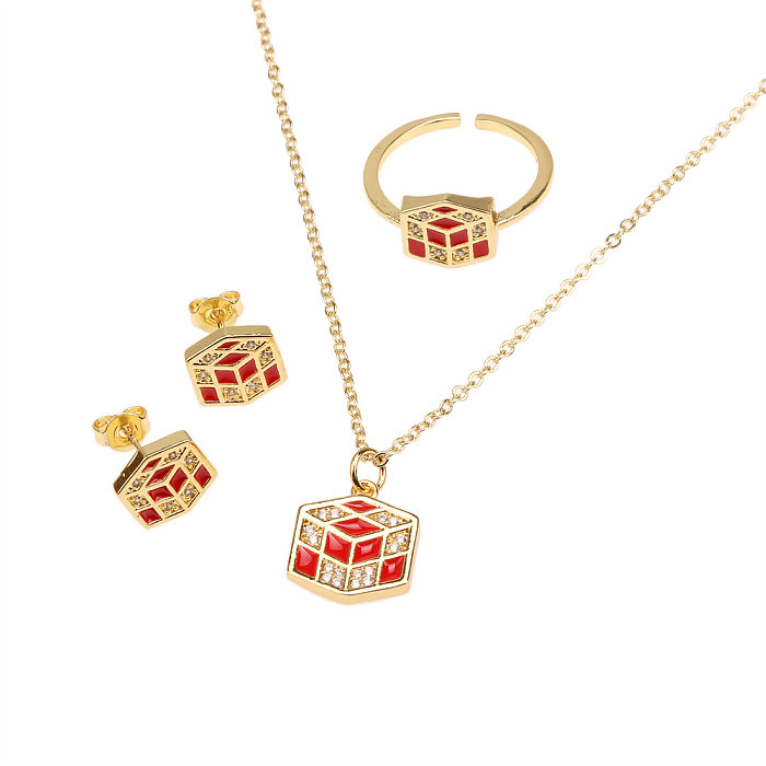 Simple Style Rubik'S Cube Copper Enamel Plating Inlay Zircon 18K Gold Plated Rings Earrings Necklace