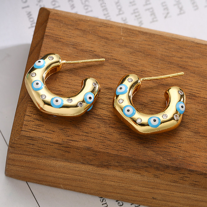 1 Pair Fashion C Shape Devil'S Eye Copper Enamel Inlay Zircon Ear Studs