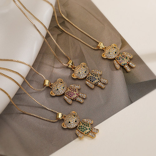 Schlichter Stil „Commute Little Bear“-Halskette mit verkupfertem Inlay-Zirkon-Anhänger und 18-Karat-Vergoldung