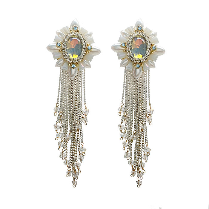 1 Pair Glam Retro Tassel Flower Inlay Imitation Pearl Copper Artificial Crystal Drop Earrings