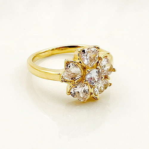 Retro Flower Stainless Steel Plating Inlay Zircon Gold Plated Rings