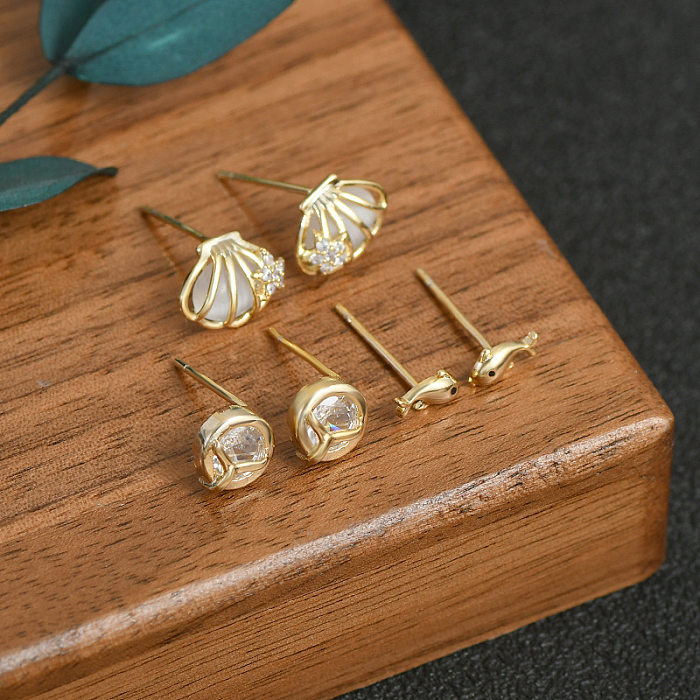 3 Pairs Elegant Shell Fish Tail Whale Copper Inlay Zircon Ear Studs
