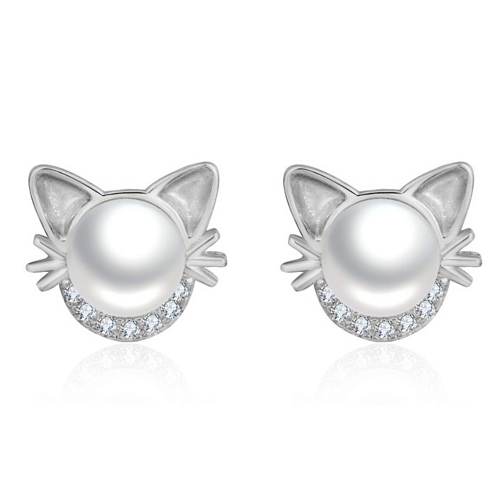 1 Pair Cute Cat Inlay Copper Artificial Pearls Rhinestones Ear Studs