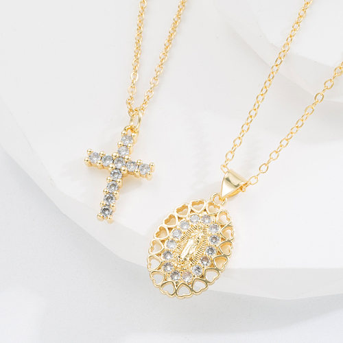 Mode Menschliches Kreuz Herzform Kupfer Anhänger Halskette Vergoldet Aushöhlen Zirkon Kupfer Halsketten