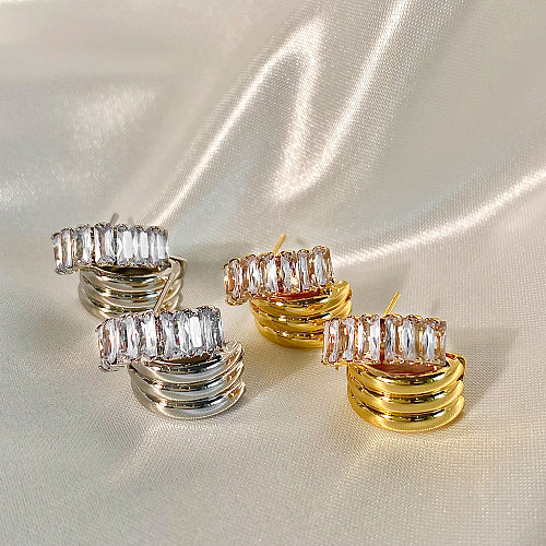 1 par de pendientes chapados en oro con piedras preciosas artificiales de cobre con incrustaciones geométricas de estilo moderno