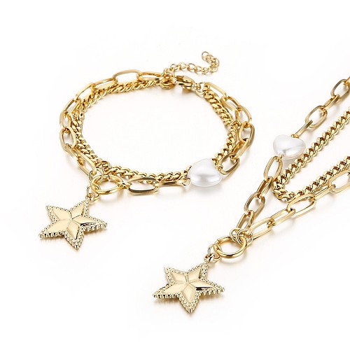 Atacado moda aço inoxidável em forma de estrela colar de dupla camada pulseira terno joias