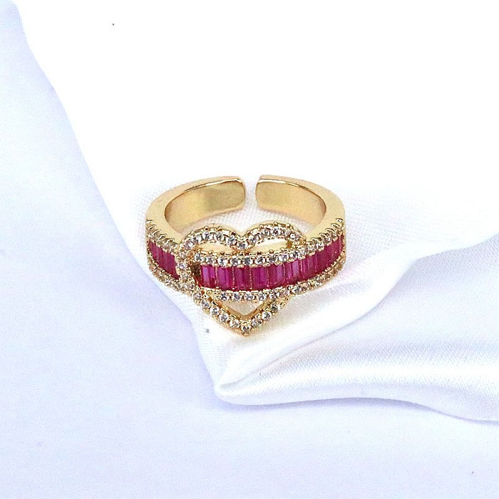 INS Style Elegant Fashion Heart Shape Copper Plating Inlay Zircon Gold Plated Open Ring